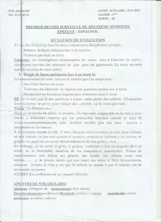 Première page de Espagnol 3e ML — 1er devoir surveillé, 2e semestre (2018-2019) · CEG ADJAGBO