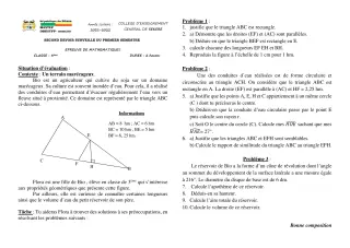 Première page de Mathématiques 3e — 2e devoir surveillé, 1er semestre (2021-2022) · CEG SEKERE