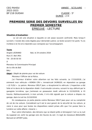 Première page de Français 5e — 1er devoir surveillé, 1er semestre (2022-2023) · CEG PAHOU