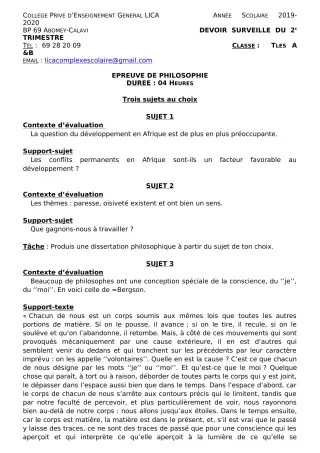 Première page de Philosophie Tle A2, Tle B — Devoir surveillé, 1er trimestre (2019-2020) · CPEG LICA