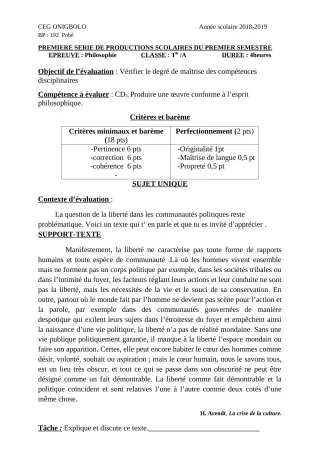 Première page de Philosophie Tle A2 — 1re production scolaire, 1er semestre (2018-2019) · CEG ONIGBOLO