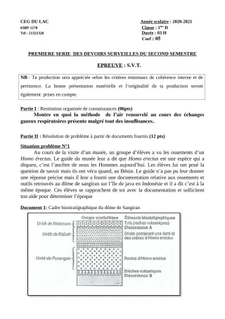 Première page de SVT 1ère D — 1er devoir surveillé, 2e semestre (2020-2021) · CEG du Lac