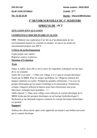 Première page de PCT 5e — 1er devoir surveillé, 1er semestre (2018-2019) · CEG du Lac