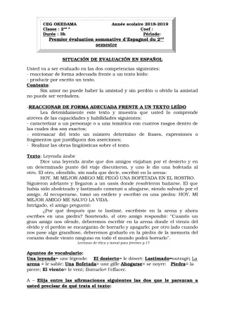 Première page de Espagnol 2nde A1, 2nde A2 — 1re évaluation sommative, 2e semestre (2018-2019) · CEG OKEDAMA