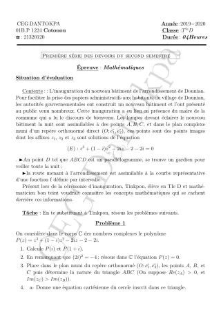 Première page de Mathématiques Tle D — 1er devoir surveillé, 2e semestre (2019-2020) · CEG Dantokpa