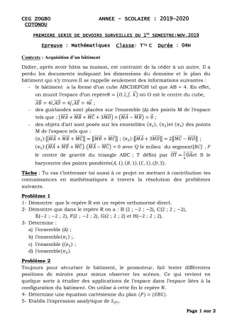 Première page de Mathématiques Tle C — 1er devoir surveillé, 1er semestre (2019-2020) · CEG ZOGBO