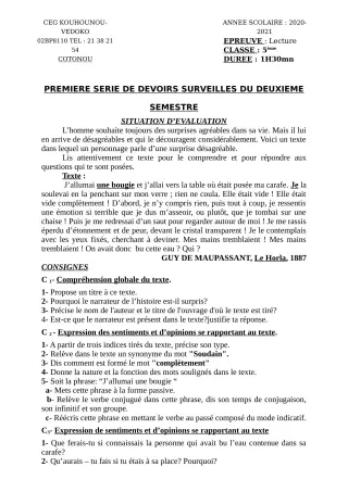 Première page de Français 5e — 1er devoir surveillé, 2e semestre (2020-2021) · CEG Kouhounou-Vêdoko