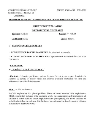 Première page de Anglais 1ère A1, 1ère A2, 1ère B, 1ère C, 1ère D — 1er devoir surveillé, 1er semestre (2021-2022) · CEG Kouhounou-Vêdoko