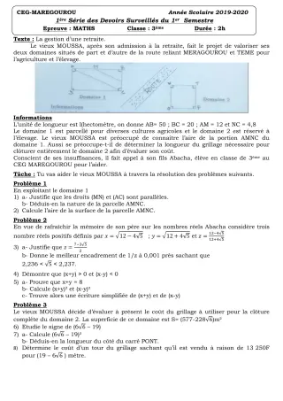 Première page de Mathématiques 3e, 3e ML — 1er devoir surveillé, 1er semestre (2019-2020) · CEG MAREGOUROU