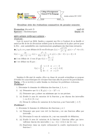 Première page de Mathématiques 2nde D — 2e évaluation sommative, 1er semestre (2017-2018) · CEG C.P de Dompago