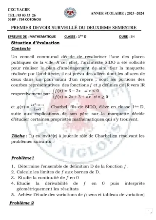 Première page de Mathématiques 1ère D — 1er devoir surveillé, 2e semestre (2023-2024) · CEG Yagbe