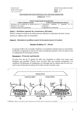 Première page de SVT 2nde D — 2e devoir surveillé, 2e semestre (2019-2020) · CEG du Lac