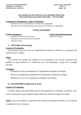 Première page de Histoire-Géographie 3e, 3e ML — 2e devoir surveillé, 1er semestre (2019-2020) · CEG L'Entente