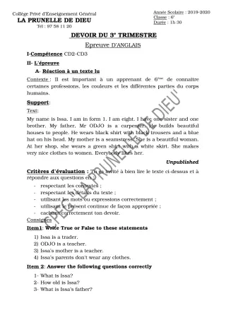 Première page de Anglais 6e — Devoir surveillé, 3e trimestre (2019-2020) · CEPG La Prunelle de Dieu