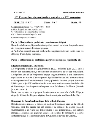 Première page de SVT 2nde D — 1re production scolaire, 2e semestre (2018-2019) · CEG Agon