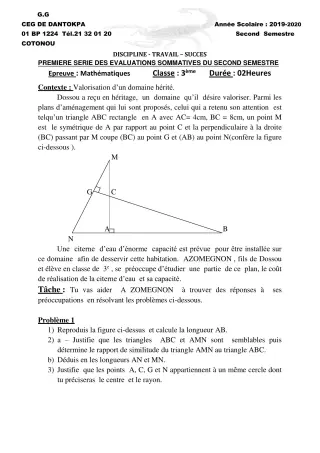 Première page de Mathématiques 3e, 3e ML — 1re évaluation sommative, 2e semestre (2019-2020) · CEG Dantokpa