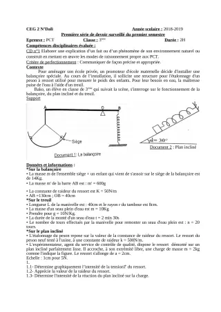 Première page de PCT 3e — 1er devoir surveillé, 1er semestre (2018-2019) · CEG 2 N'DALI