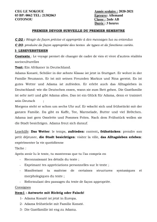 Première page de Allemand 2nde A1, 2nde A2, 2nde B — 1er devoir surveillé, 1er semestre (2021-2022) · CEG LE NOKOUE