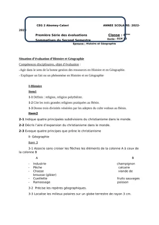 Première page de Histoire-Géographie 6e — 1re évaluation sommative, 2e semestre (2022-2023) · CEG2 ABOMEY - CALAVI (CEG ZOCA)