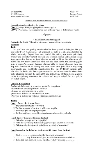 Première page de Anglais 4e, 4e ML, 4e ML&MC — 2e devoir surveillé, 2e semestre (2019-2020) · CEG2 Godomey