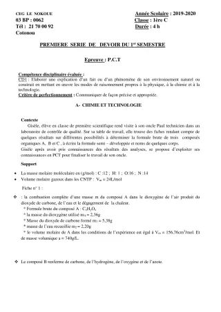 Première page de PCT 1ère C — 1er devoir surveillé, 1er semestre (2019-2020) · CEG LE NOKOUE