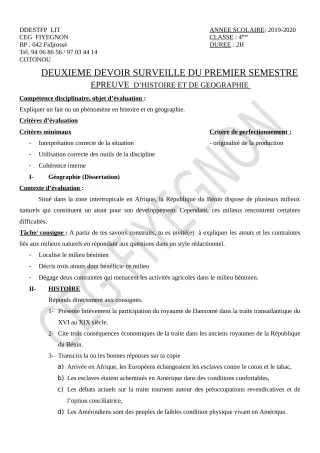 Première page de Histoire-Géographie 4e — 2e devoir surveillé, 1er semestre (2020-2021) · CEG FIYEGNON