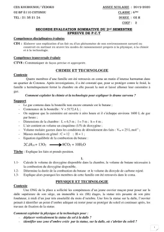 Première page de PCT 4e — 2e évaluation sommative, 2e semestre (2019-2020) · CEG Kouhounou-Vêdoko