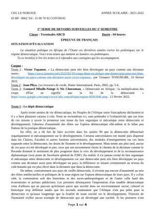 Première page de Français Tle A1, Tle A2, Tle B, Tle C, Tle D — 1er devoir surveillé, 2e semestre (2021-2022) · CEG LE NOKOUE