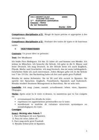 Première page de Allemand 4e — 1re évaluation sommative, 1er semestre (2022-2023) · CEG2 ABOMEY - CALAVI (CEG ZOCA)