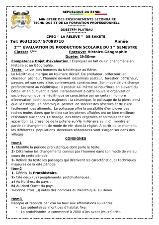 Première page de Histoire-Géographie 5e — 2e production scolaire, 1er semestre (2023-2024) · CPEG LA RELEVE