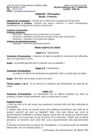 Première page de Philosophie 1ère A2, 1ère B — Devoir surveillé, 2e trimestre (2019-2020) · CPEG LICA