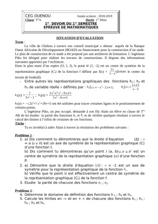 Première page de Mathématiques Tle A1, Tle A2 — 1er devoir surveillé, 1er semestre (2018-2019) · ceg ouenou