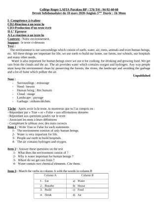 Première page de Anglais 5e — Devoir surveillé (2019-2020) · CPEG Roger LAFIA