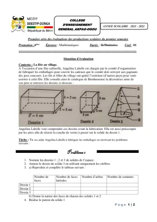 Première page de Mathématiques 6e — Production scolaire, 1er semestre (2021-2022) · CEG Akpao-Ogou