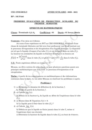 Première page de Mathématiques Tle A2 — 1er semestre (2020-2021) · CEG ONIGBOLO