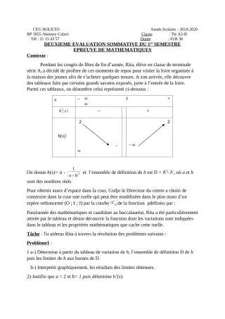 Première page de Mathématiques Tle A1, Tle A2, Tle B — 2e évaluation sommative, 1er semestre (2019-2020) · CEG HOUETO