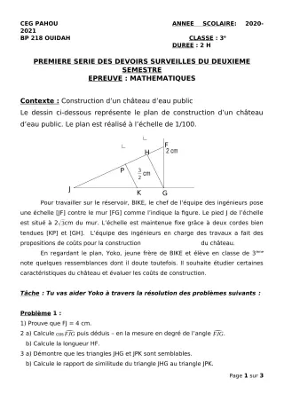 Première page de Mathématiques 3e, 3e ML — 1er devoir surveillé, 2e semestre (2020-2021) · CEG PAHOU