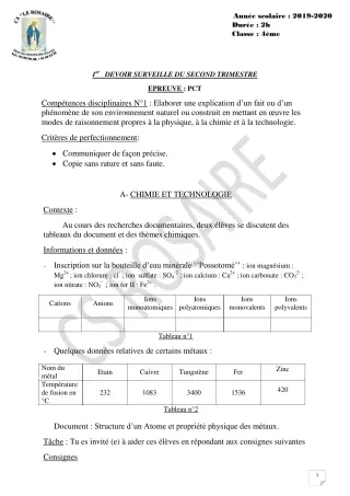 Première page de PCT 4e, 4e ML — 1er devoir surveillé, 2e trimestre (2019-2020) · CPEG ROSAIRE