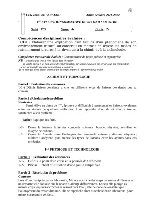 Première page de PCT 4e — 1re évaluation sommative, 2e semestre (2021-2022) · CEG ZONGO