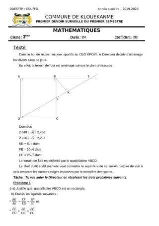 Première page de Mathématiques 6e, 5e, 4e, 4e ML, 4e ML&MC, 3e, 3e ML — 1er devoir surveillé, 1er semestre (2019-2020) · CEG AYAHOHOUE