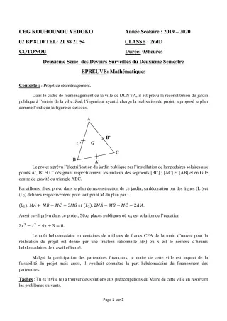 Première page de Mathématiques 2nde D — 2e devoir surveillé, 2e semestre (2019-2020) · CEG Kouhounou-Vêdoko