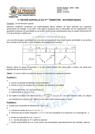 Première page de Mathématiques 1ère D — 1er devoir surveillé, 3e trimestre (2019-2020) · CPEG LE PHARAON