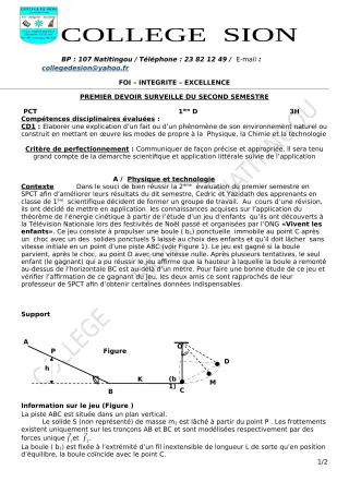 Première page de PCT 1ère D — 1er devoir surveillé, 2e semestre (2019-2020) · CEG PRIVE SION DES AD