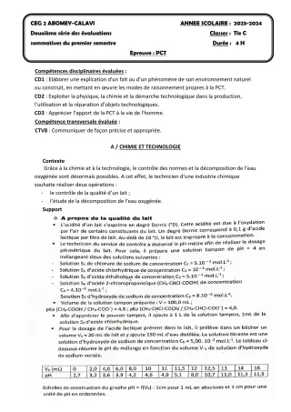 Première page de PCT Tle C — Composition, 1er semestre (2023-2024) · CEG2 ABOMEY - CALAVI (CEG ZOCA)