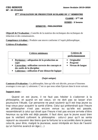 Première page de Philosophie 2nde A1, 2nde A2 — 2e production scolaire, 1er semestre (2019-2020) · CEG SEHOUE