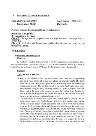 Première page de Anglais 2nde A & B, 2nde C, 2nde D — 1er devoir surveillé, 2e semestre (2020-2021) · CEG Agassa Godomey