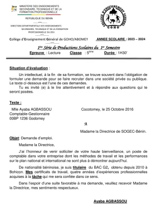Première page de Français 5e — 1re production scolaire, 1er semestre (2023-2024) · CEG GOHO