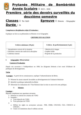 Première page de Histoire-Géographie Tle C, Tle D — 1er devoir surveillé, 2e semestre (2019-2020) · PMB