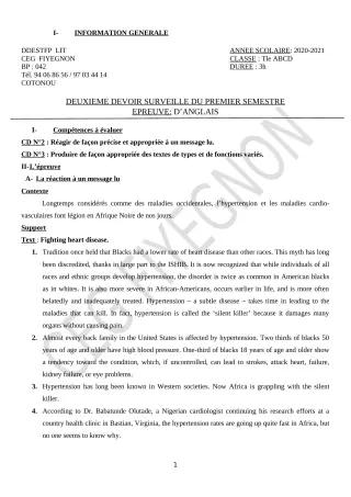 Première page de Anglais Tle A1, Tle A2, Tle B, Tle C, Tle D — 2e devoir surveillé, 1er semestre (2020-2021) · CEG FIYEGNON