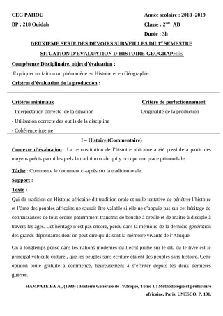 Première page de Histoire-Géographie 2nde A & B — 2e devoir surveillé, 1er semestre (2018-2019) · CEG PAHOU